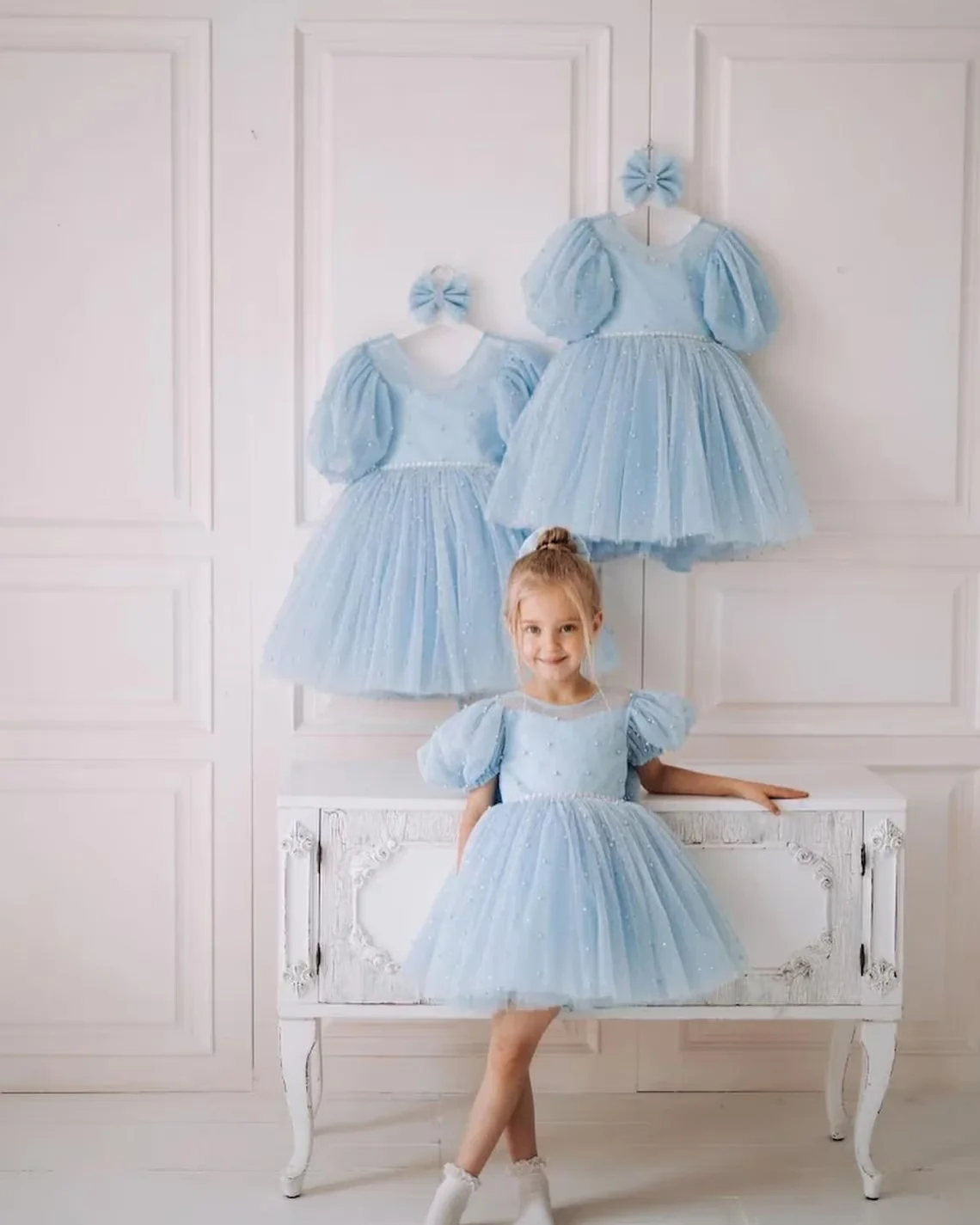 

New Sky Blue Child Baby Girl Short Birthday Party Dress Flower Girl Dresses Pearls Tulle Bow Pageant Robe First Communion Gown