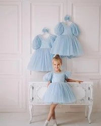 New Sky Blue Child Baby Girl Short Birthday Party Dress Flower Girl Dresses Pearls Tulle Bow Pageant Robe First Communion Gown