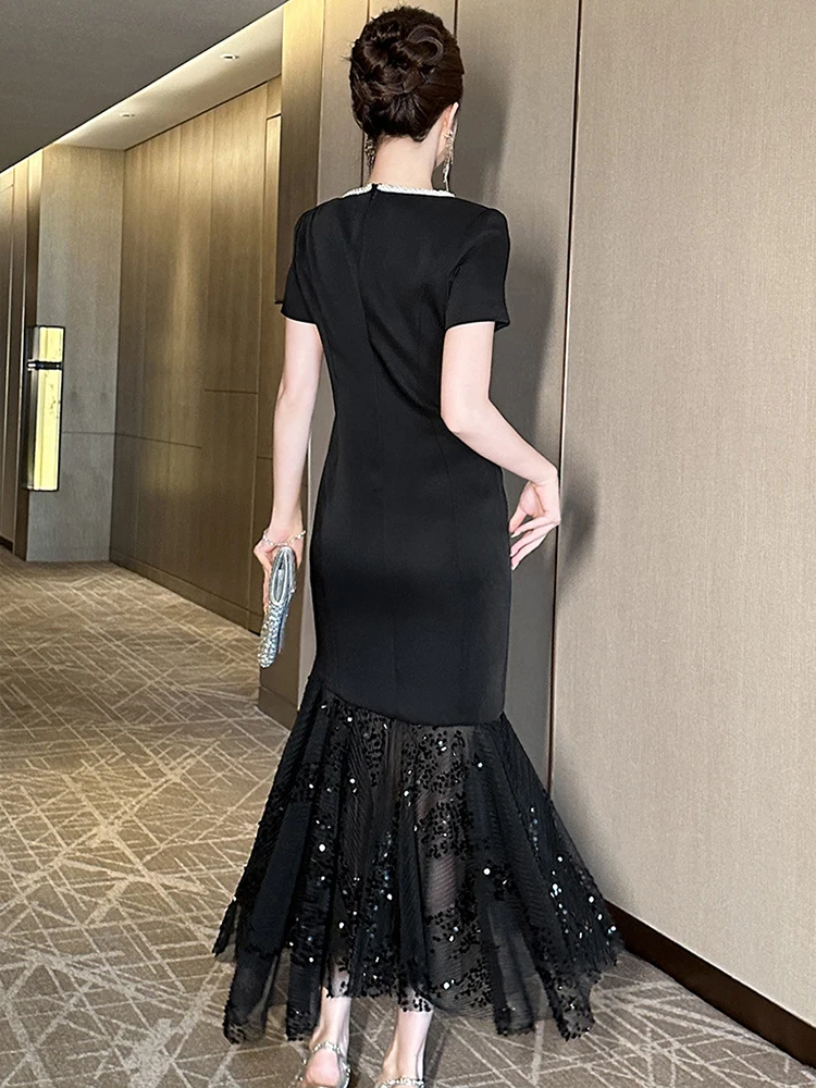 Damska Luksusowa Elegancka Czarna Sukienka z Cekinami, Nieregularny Krój Rybki, Damska Szykowna Ażurowa Przezroczysta Sukienka z Siateczki, Długa Suknia Wieczorowa dla Pani, Vestidos na Imprezę