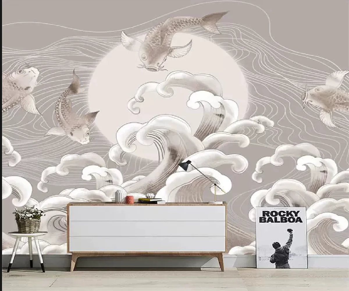 Custom Photo Wallpaper Fish waves auspicious clouds European Retro Hand Painted Living room bedroom wallpaper Painting