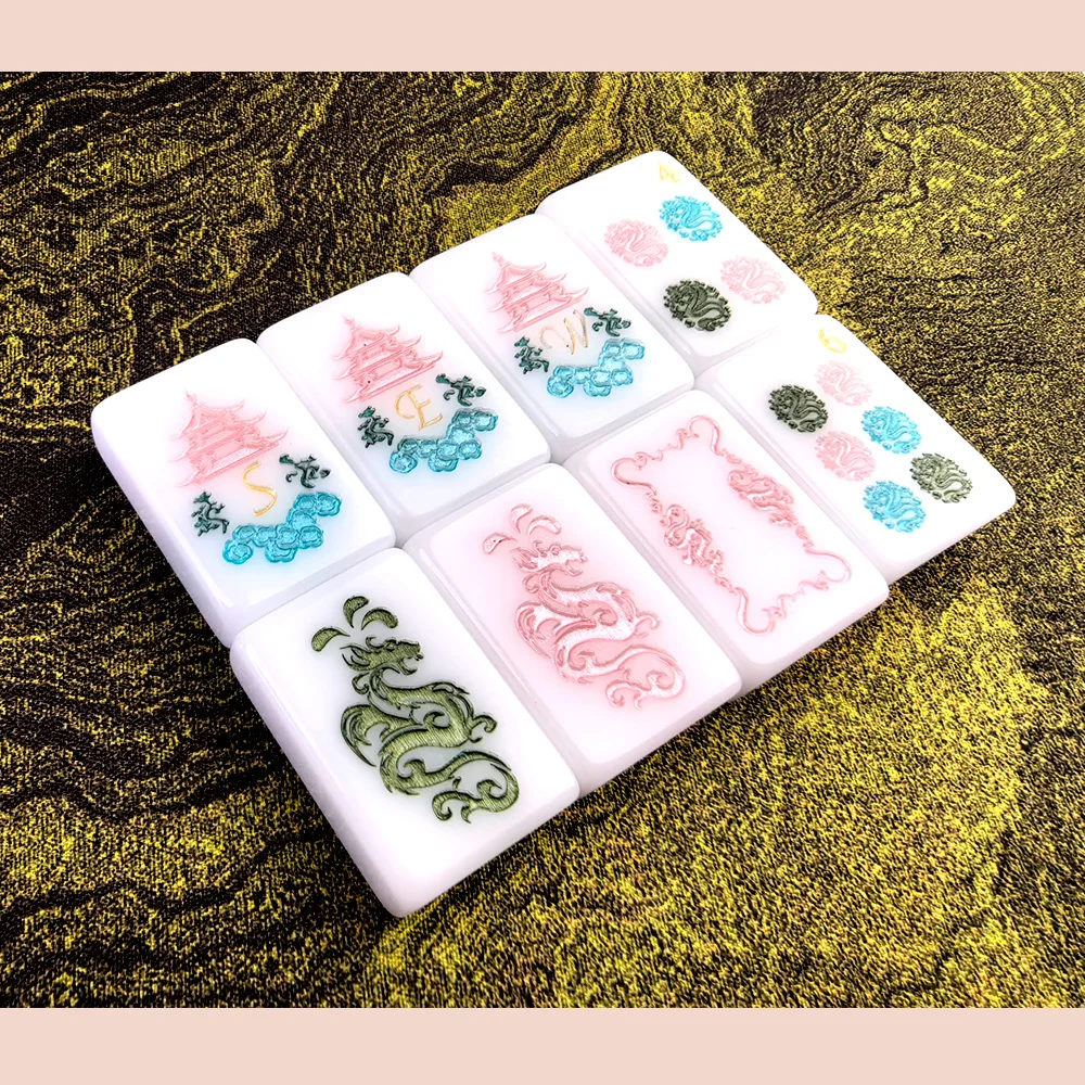 

XTY Luxury White Retro Gold Glitter 160-Piece American Custom Carved Mahjong Tiles Virgin Acrylic Travel Set