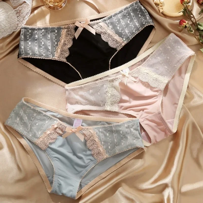 

Women Milk Silk Low Waist Seamless Soft Panties Cute Lovely Sweety Princess Style Underwear Smooth Bow Lace Breathable Breifs