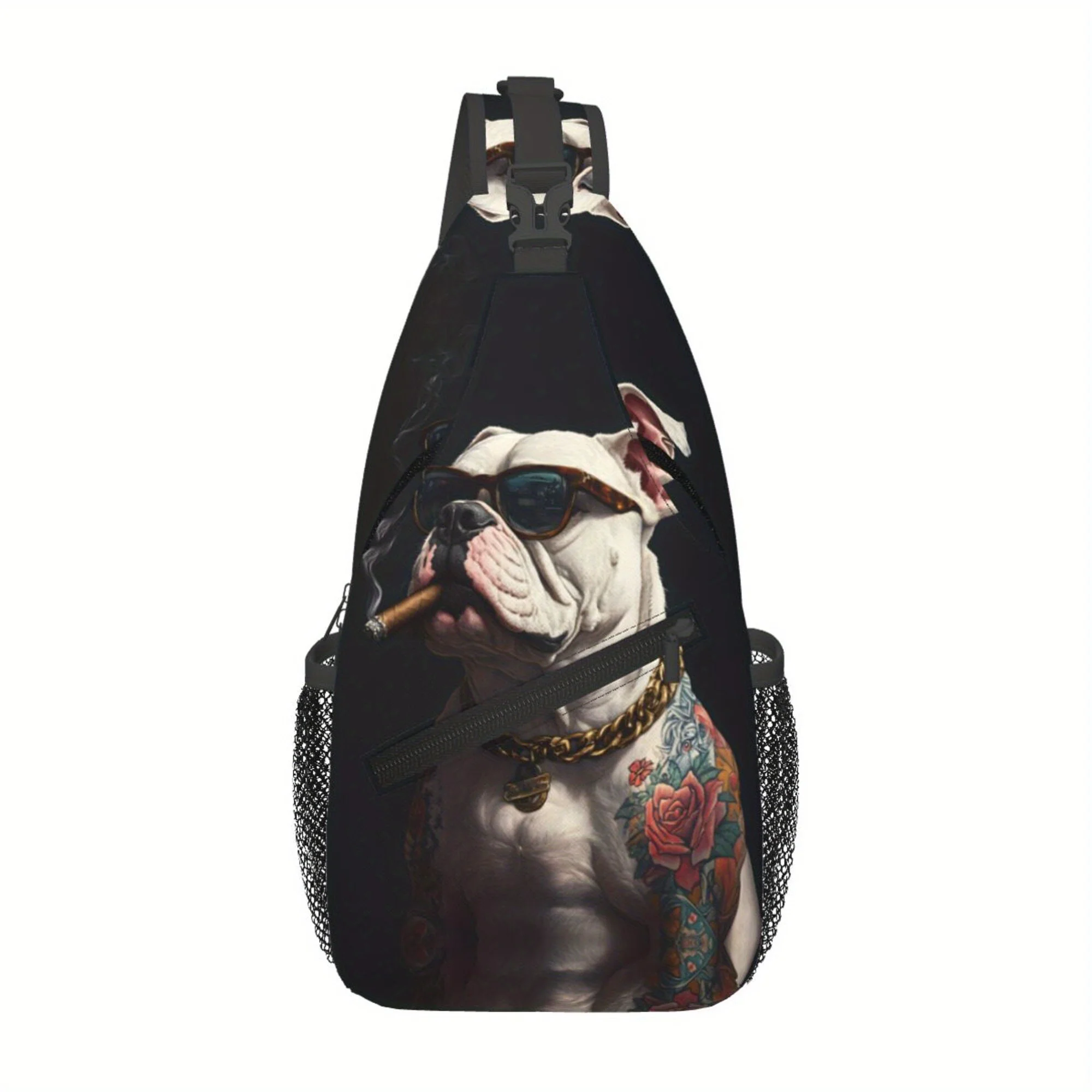 

Gangster Bulldog 2D Flat Print Crossbody Bag - Edgy Fashion Glasses & Cigar Design, Durable Zipper Closure