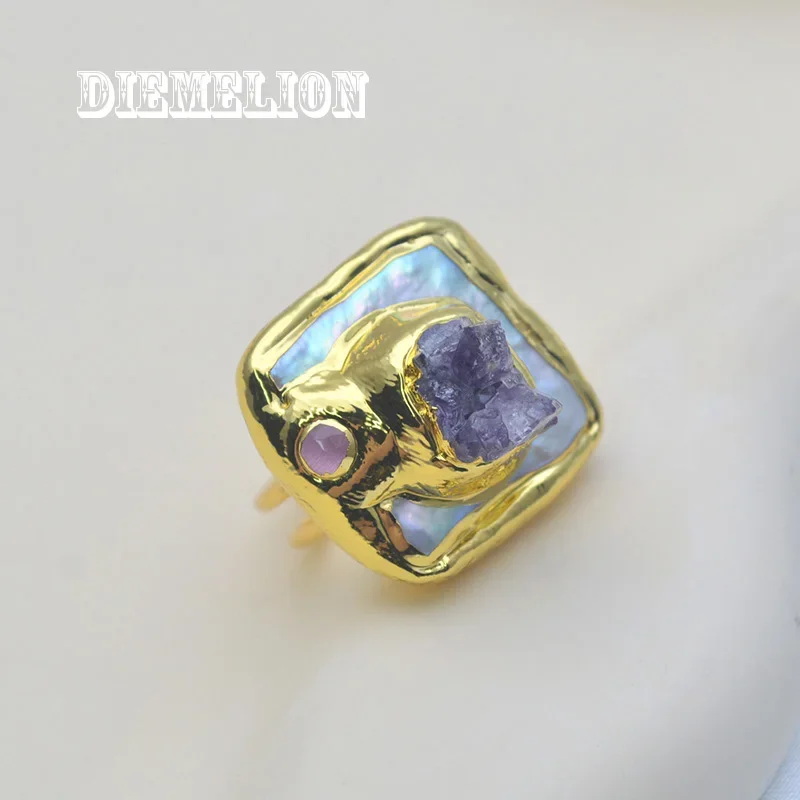 Trendy Natural Freshwater Baroque Square Pearl Rings Inlay Amethyst Druzy Quartz 18K Gold Plated Resizable Women Fine Jewelry