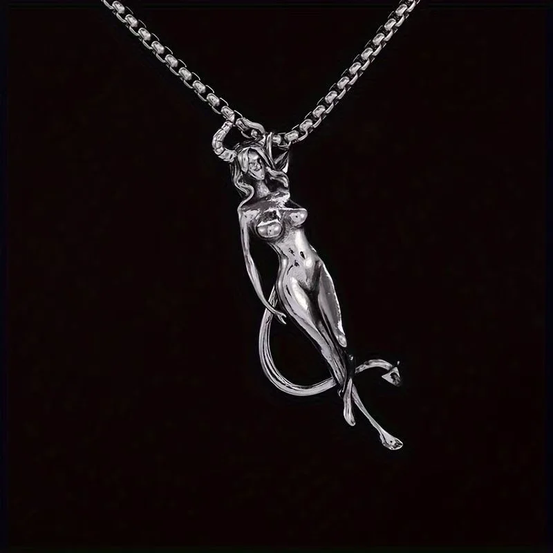 Gothic Punk Choker Pendant, Sexy Succubus Necklace, Anime Cartoon Demon Girl Jewelry, Silver Gothic Gift for Men & Women