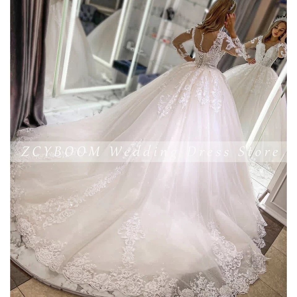 Customized Sequin Lace Appliques Full Sleeves Wedding Dress Ladies 2024 Ball Gown Sweep Train Lace Up Princess Bridal Gown