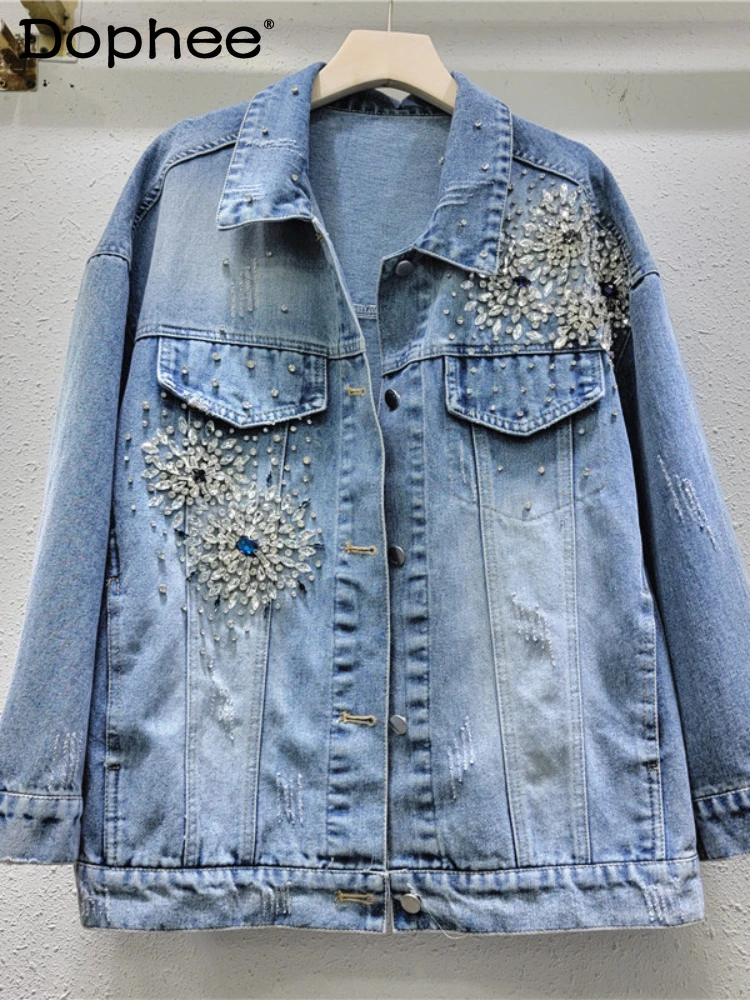 

Heavy Industry Beads Diamond-Embedded Denim Coat Female 2024 Spring Autumn Loose Long Sleeve Top Jackets for Women