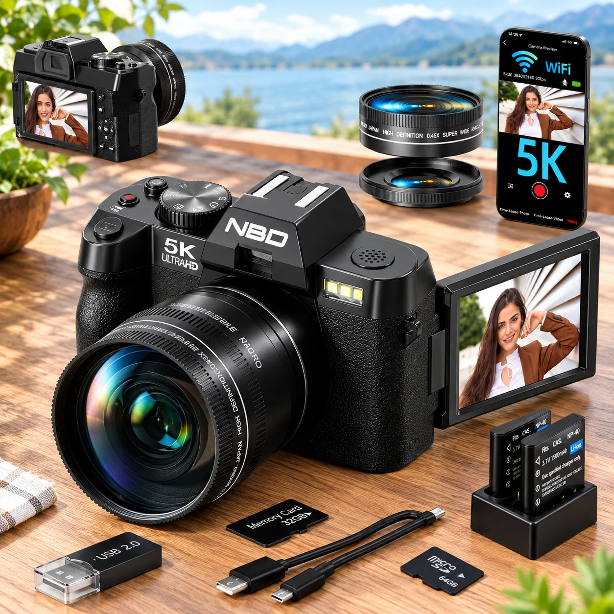 NBD 5K 64MP Vlogging-Digitalkamera, 180 °   Klappbildschirm, externes Mikrofon, 16-facher Zoom, WLAN, 32 GB TF-Karte und volles Zubehör, Weiß