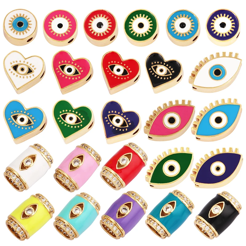 Enamel Blue Turkish Evil Eye Heart Round  Bead,12mm Gold Brass Colourful Bracelet Components Accessories Wholesale Supplies L76