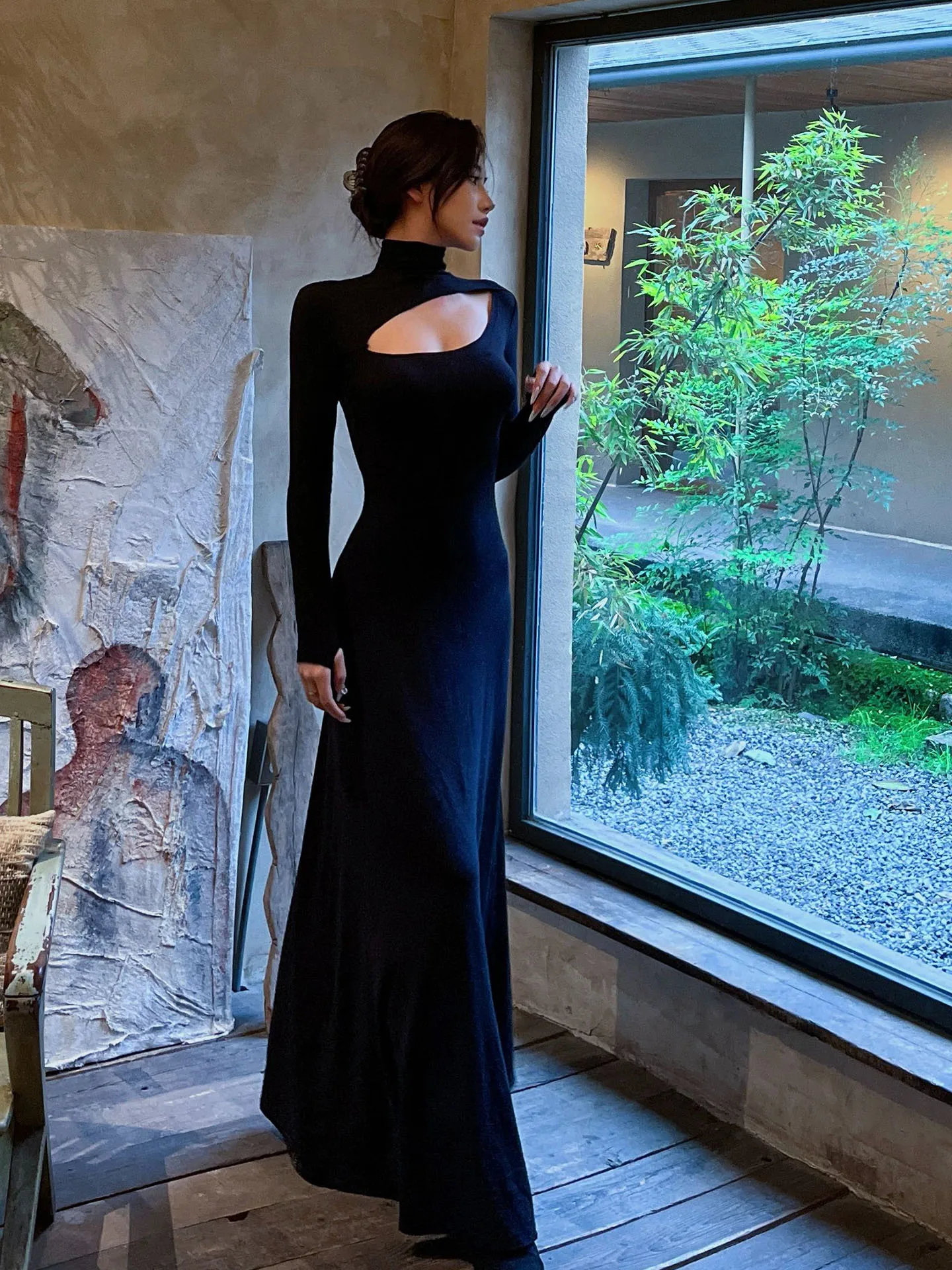 Elegant Black Hollow out Long Sleeve Dress Women's High Waist Slimming Midi Dress Sexy Style Korean Series Autumn Winter Dress