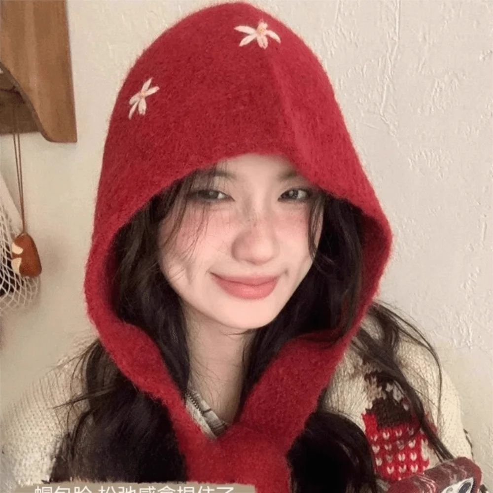 أزياء حلوة محبوك قبعة بالاكلافا الصوفية الدفء طوق الرقبة بيني قبعة البوليستر المطرزة الزهور البلوز قبعة الشتاء