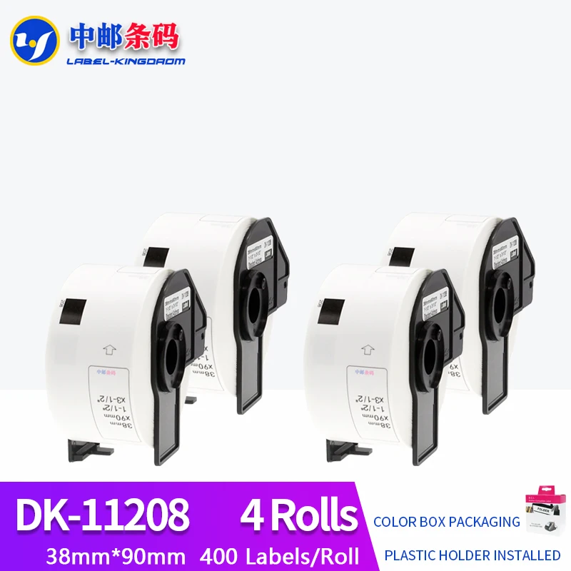 4 Rolls Compatible DK-11208 Label 38*90mm 400Pcs for Brother QL-700/800/1060/1100 Thermal Printer All Include Plastic Holder