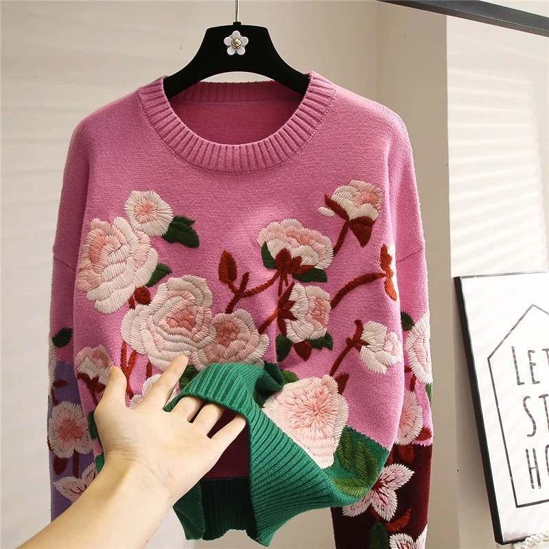 Autumn Winter European O-neck Pullover Loose Color Matching Green 3D Embroidery Long Sleeve Sweaters Y2K Aesthetic Elegant Lady