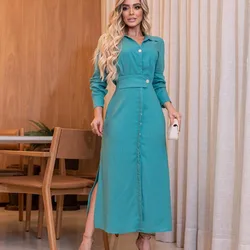 Women's Fashion Solid Slit Shirt Dress Autumn Casual Lapel Long Sleeve With Pockets Long Dress Spring Lady Streetwear Dresses