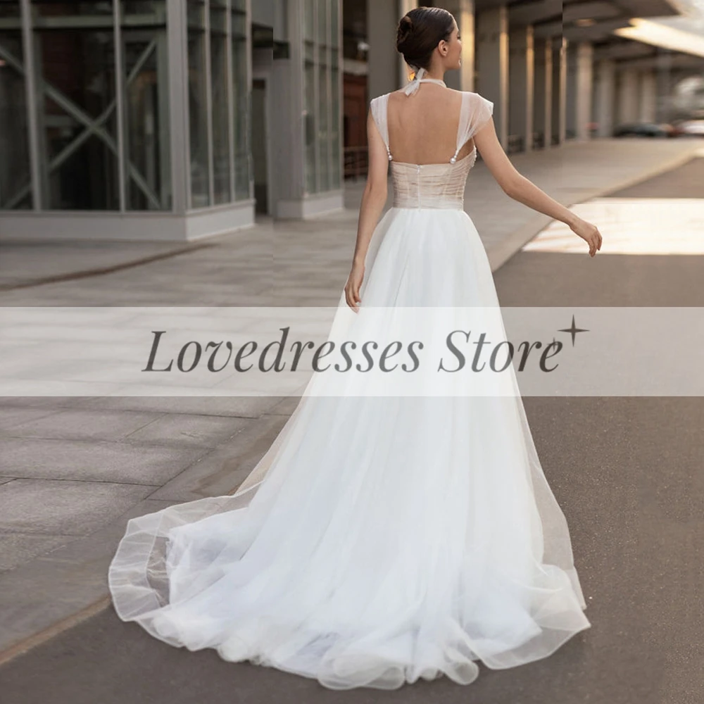 Weilinsha Sexy Strapless Backless Wedding Dress Ladies A-Line Sweep Train Tulle Off the Shoulder Side Slit Bohemian Bridal Gowns