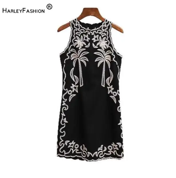 Lady Summer Vintage Black Dress O-neck Sleeveless Delicacy Embroidery Short Mini Slim Dress Women