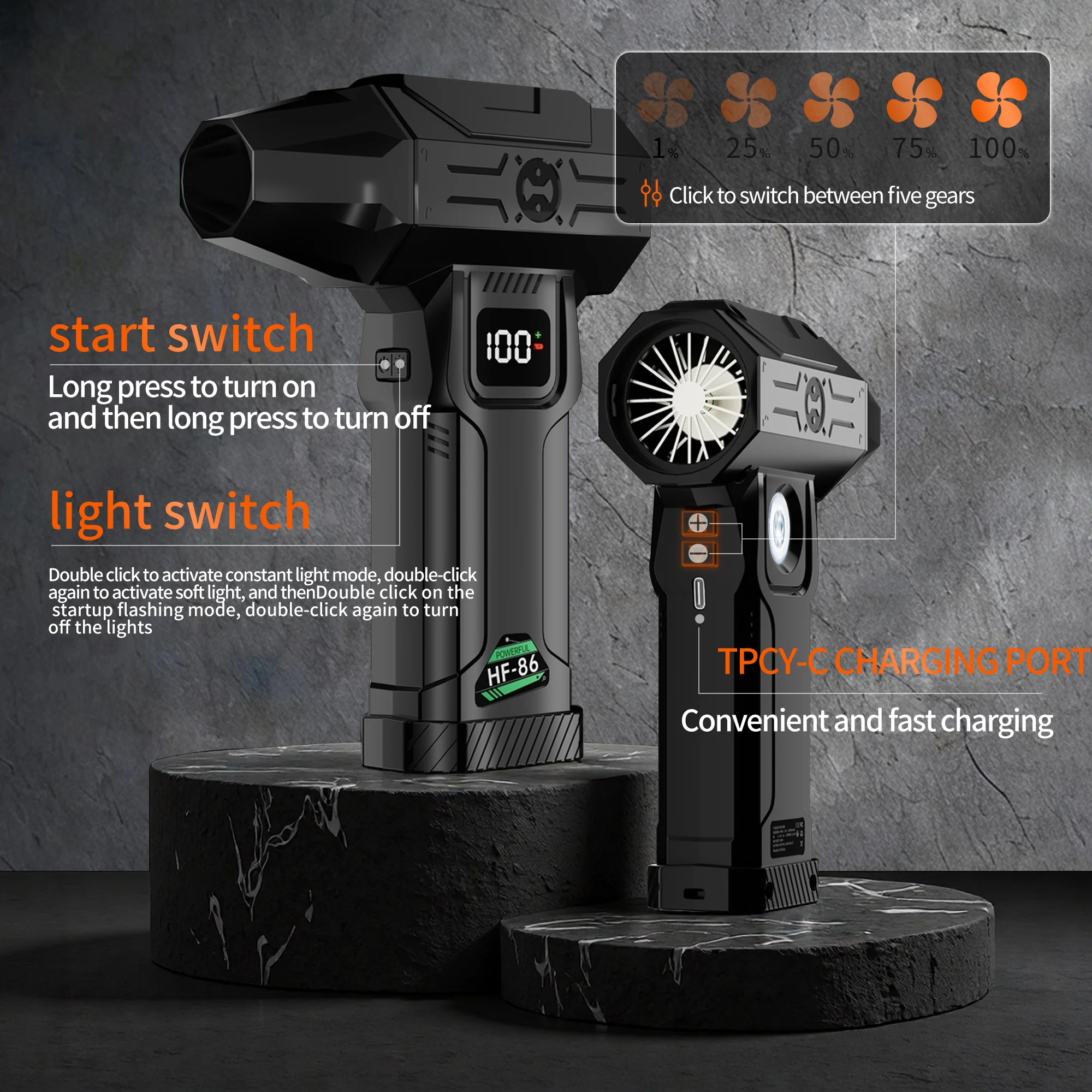 Leistungsstarkes Luftgebläse, bürstenloser Turboventilator, 300 W, tragbarer Hochgeschwindigkeitsventilator, 8000 mAh, wiederaufladbar, 68 m/s Wind-Typ-C-Lade-Campingventilator