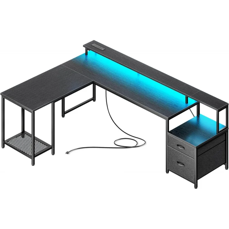 

66" L Shaped Gaming Desk , Computer Desk with Fabric Drawers and Print Stand, Corner Office Desk, Monitor Stand, Mesh CPU Stand