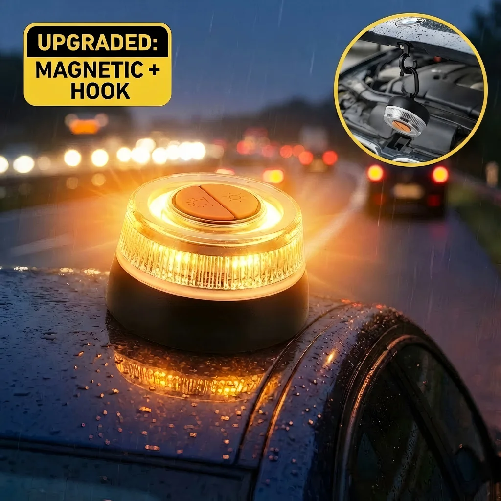 Upgrade V16 Car Emergency Light, Magnetic Base & Hook, Waterproof LED Roadside Flare, Top Switch Strobe Beacon (Battery Powered)