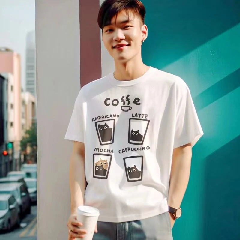 Fashion American Retro Cat Coffe Graphic Printing Men T-shirts Casual Versatile Oversized Short Sleeved Y2k Tops Tees Unisex