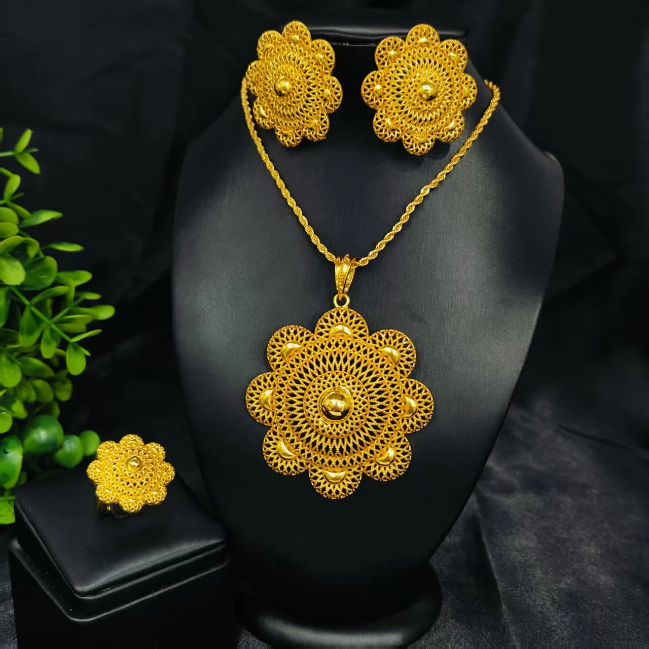 

Ethiopian Cross Necklace Earrings Rings African Party Jewelry Set Women Girls Eritrean Habesha Accessories