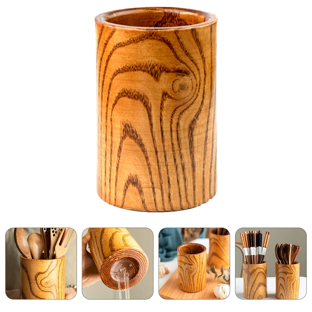 

1pc Wooden Utensil Kitchen Organizer Creative Utensil Holder Countertop Chopstick Tube Bamboo Cutlery Storage Gadget Dry Clean