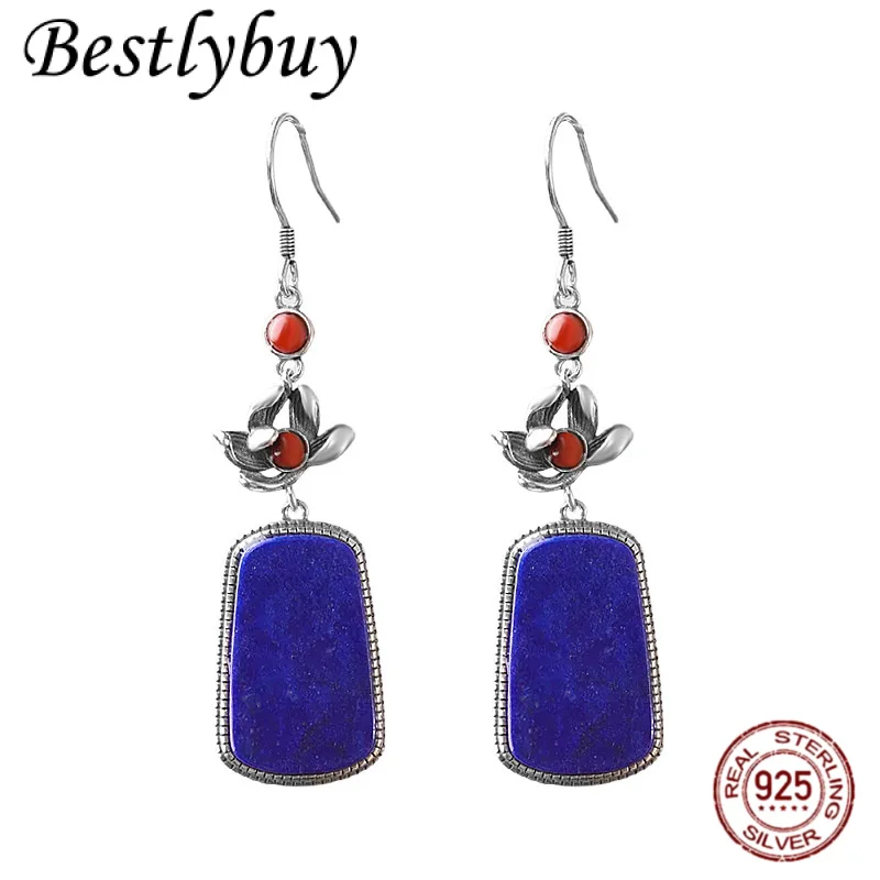 

НОВЫЕ серьги из серебра S925 с натуральным лазуритом, висячие серьги, женские ретро-модные темпераментные геометрические серьги