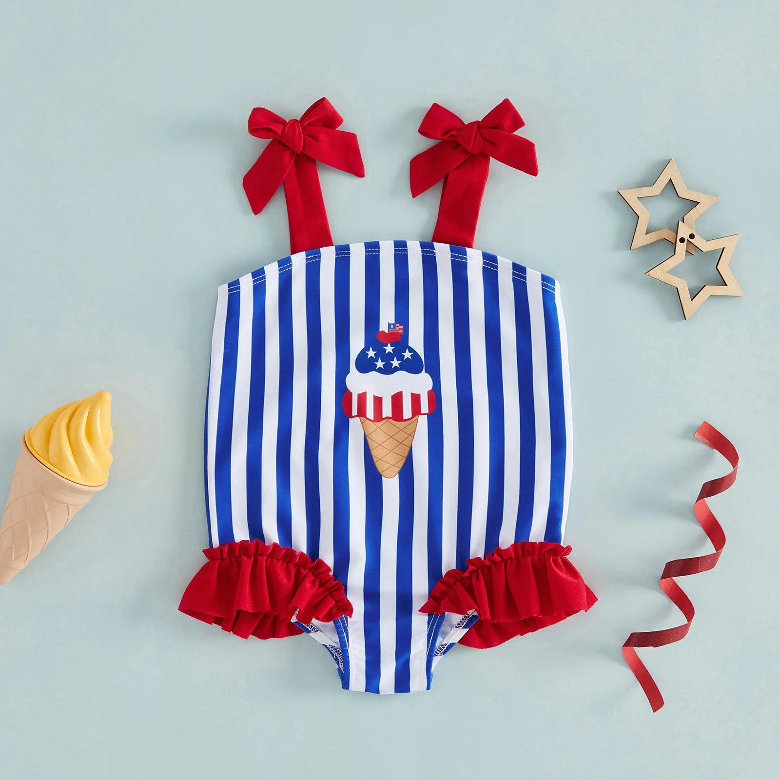 0-3Years Toddler Girl Independence Day Swimsuit Ice Cream Stripes Print Bathing Suit Patriotic Sleeveless Bow Shoulder Swimwear