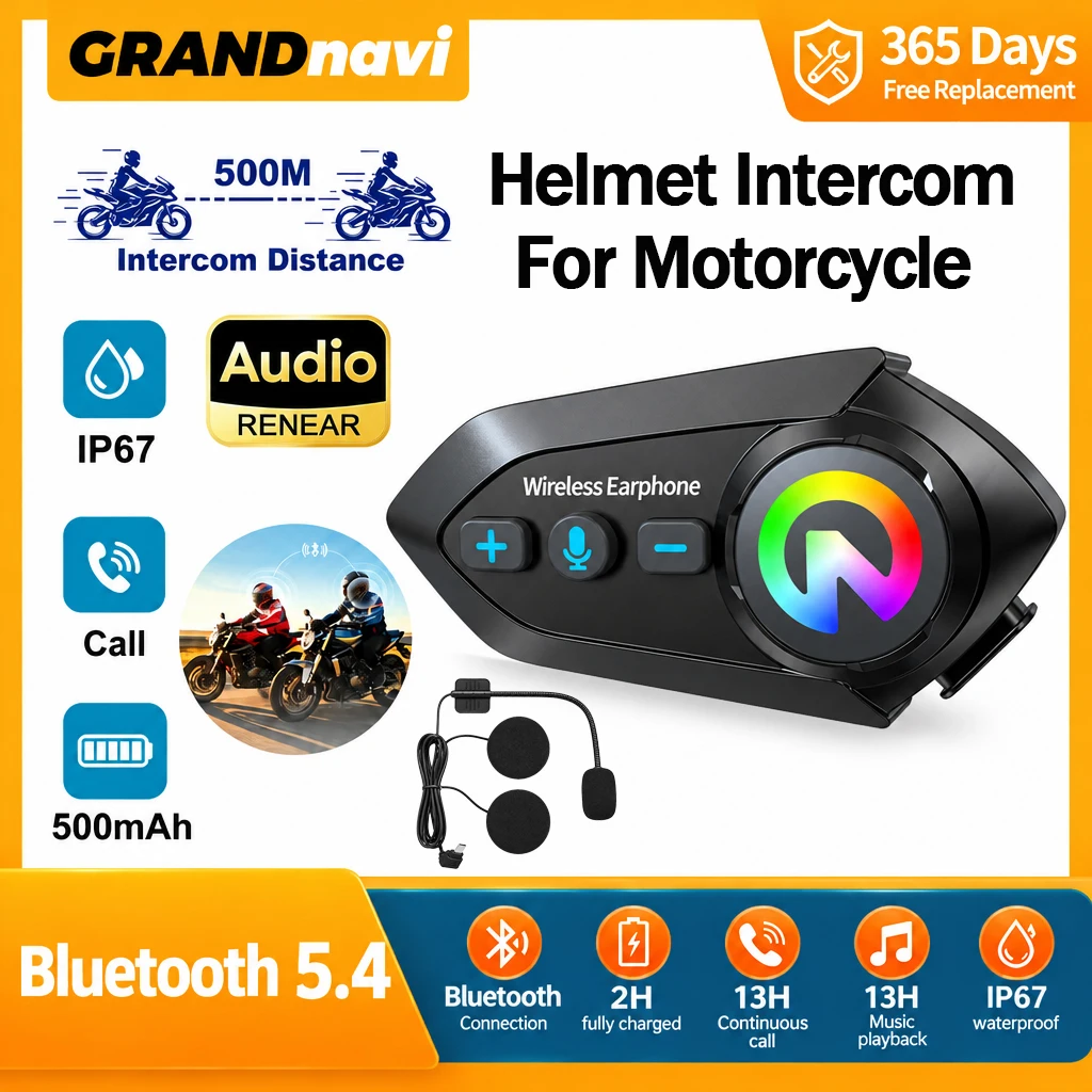 Bluetooth 5.4 Motorcycle Helmet Headset 500mAh Battery Life Wireless Hands Free Headphone IP67 Waterproof Noice Reduction Earpho