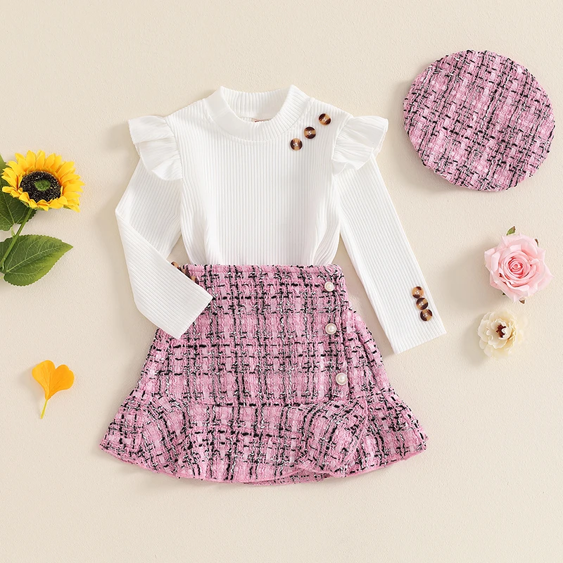 Toddler Kids Baby Girls Outfit Long Sleeve Knit Ruffle High Neck Sweater T-shirt Plaid Skirt Suit with Hat 3Pcs Clothes Sets