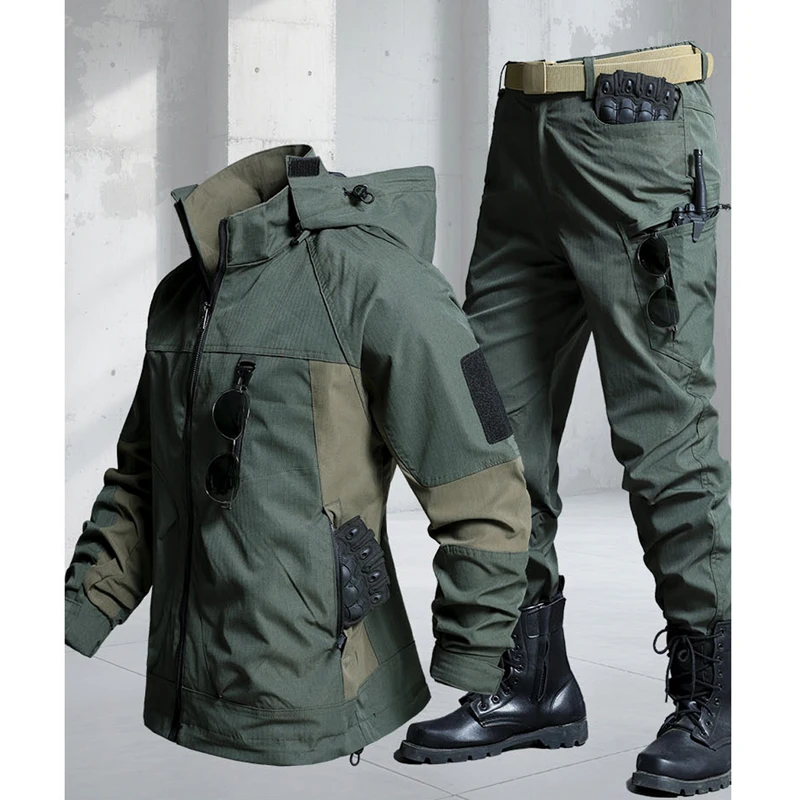 Spring Autumn Men's Tactical Softshell Sets Outdoor Men Multi-Pocket Jackets Cargo Pants Men Waterproof Windproof Hiking Sets