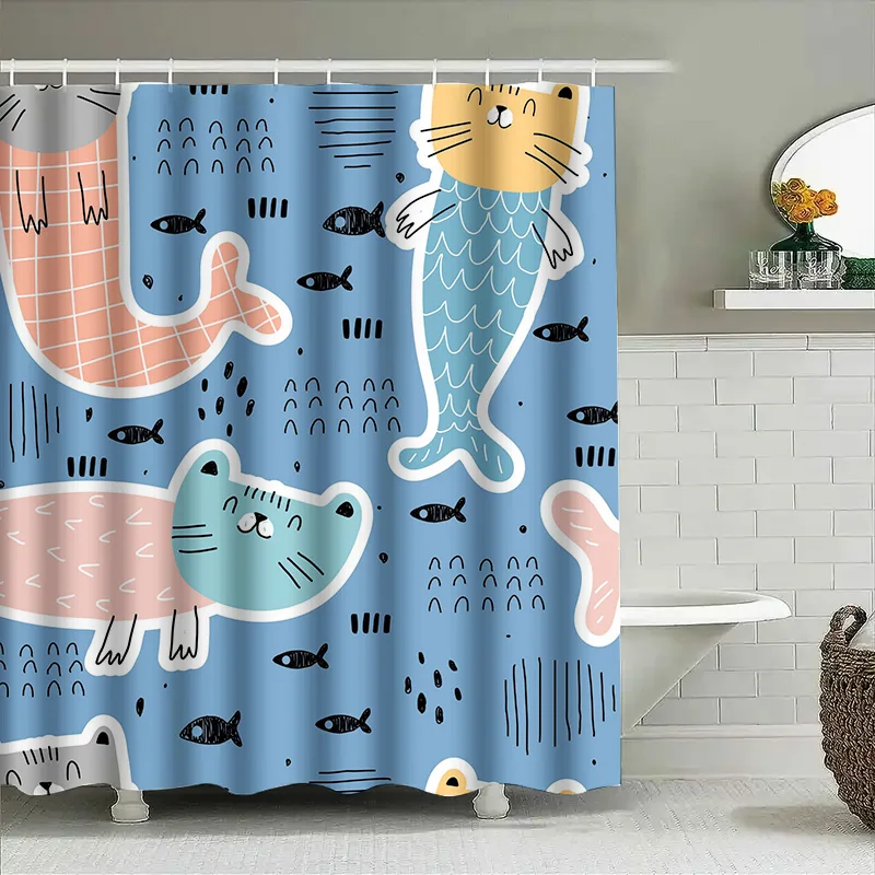 

Современная занавеска для душа с мультяшным принтом, водонепроницаемое украшение для ванны для декора ванной комнаты, синяя русалка, кошка, рыба, узор
