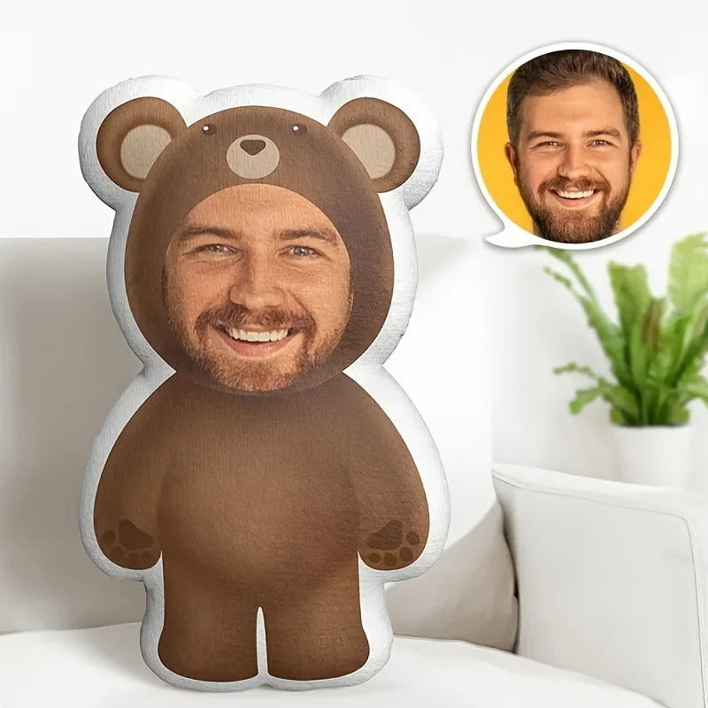2D Personalized Custom Photo Bear Doll Pillow Double Side Printed Custom Face Stuffed Bear Cushion Novelty Birthday Gift