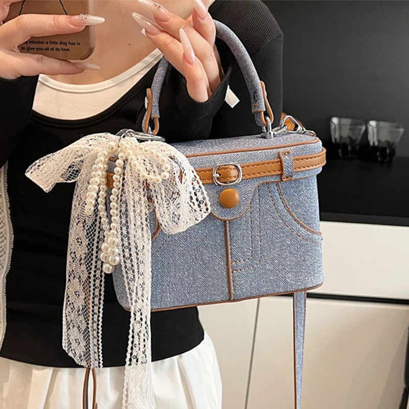 

Retro Lace Beaded Denim Square Handbags for Women Korean Commute Single Shoulder Crossbody Bags Chic Mini Pphone Pouch