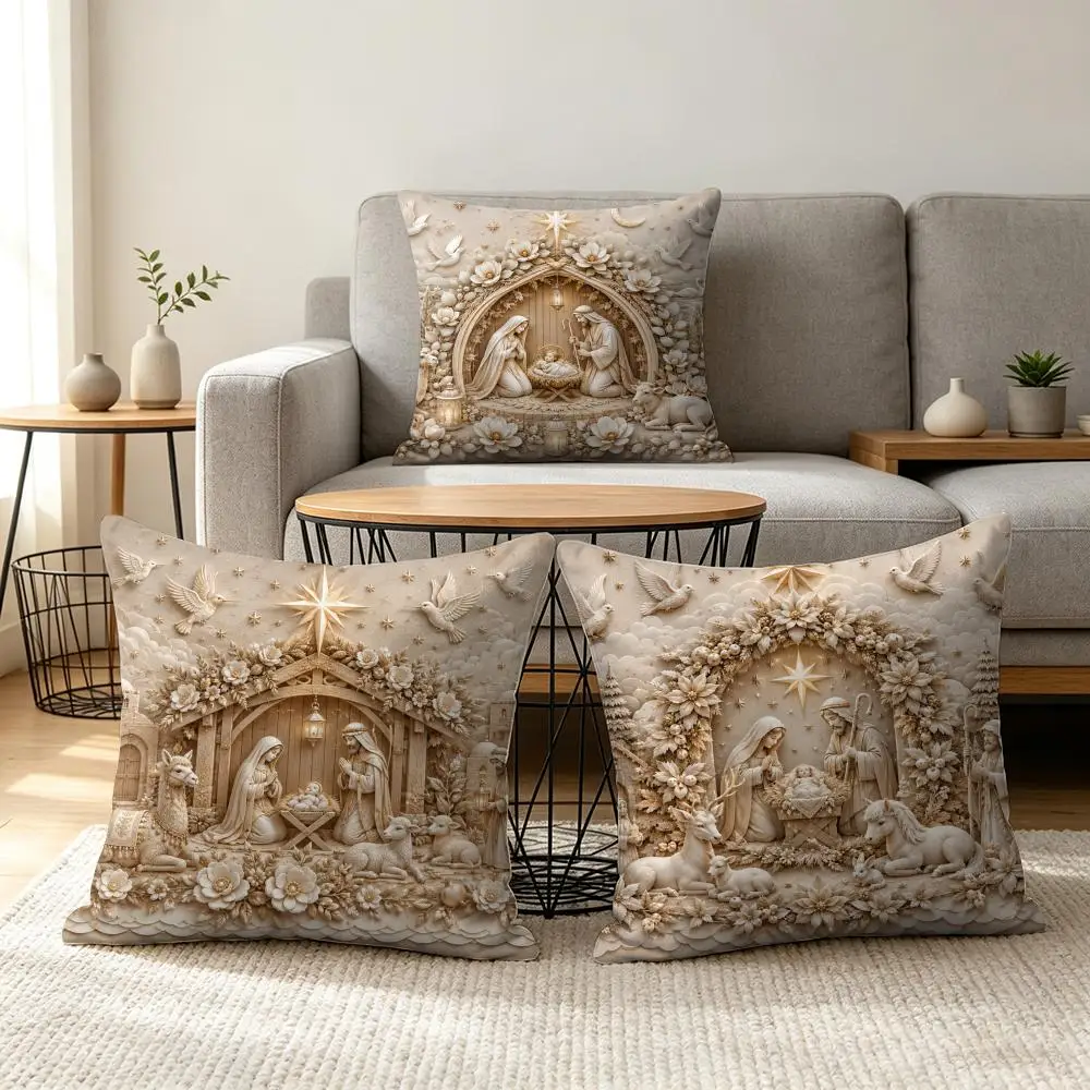 Retro Nativity Carving Cushion Cover Summer Linen Pillow Case Organic Fabric Cushion Cover Double-Sided Print Sofa Home Decor