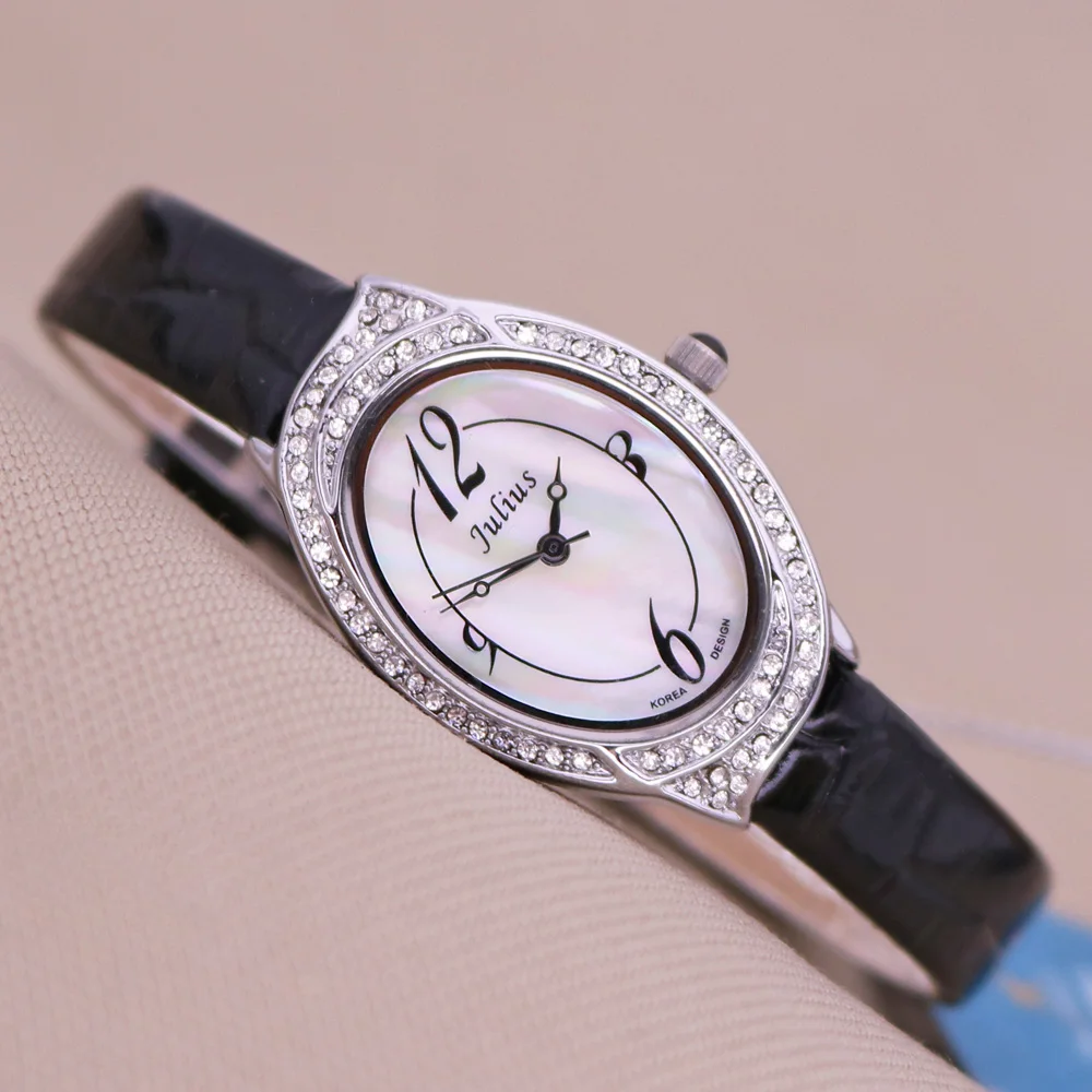 Julius Lady-Reloj de pulsera elegante para mujer, pulsera de charol de cuero Real, con diamantes de imitación, sin caja