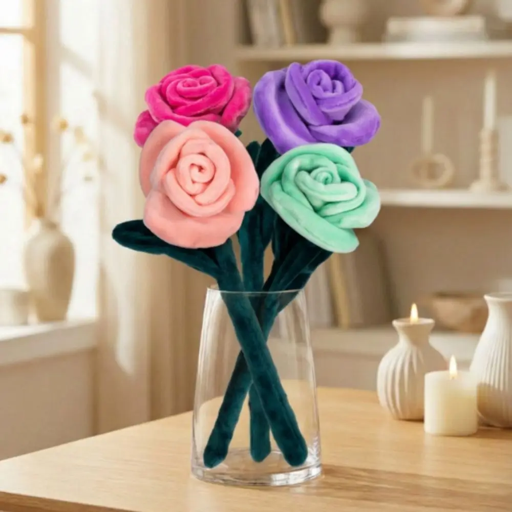 Bouquet di Rose in Peluche da 28cm, Bambola Morbida Realistica, Fiori Simulati, Pianta Cartoon, Fiori Colorati