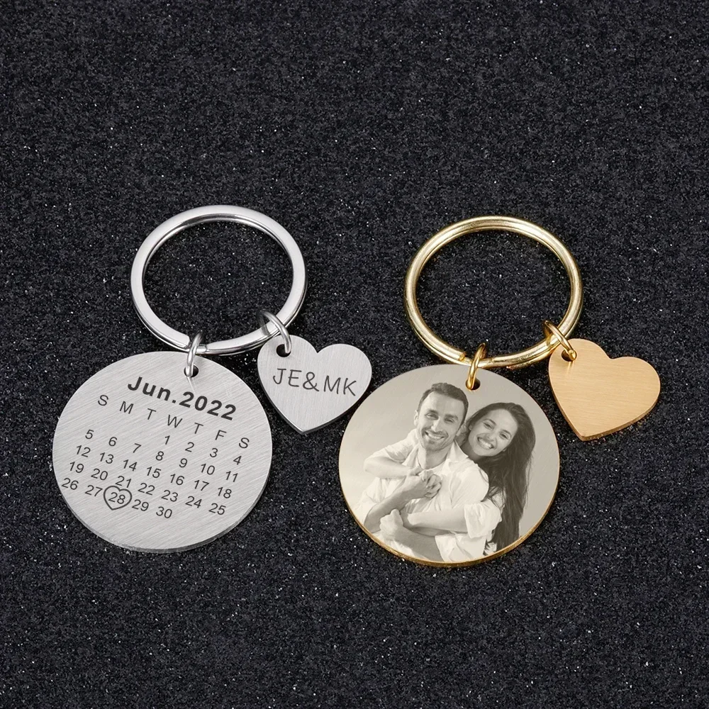 Porte-Clés en Acier Inoxydable avec Photo Personnalisée, Gravure au Laser, Nom et Date, Cadeau, Accessoires