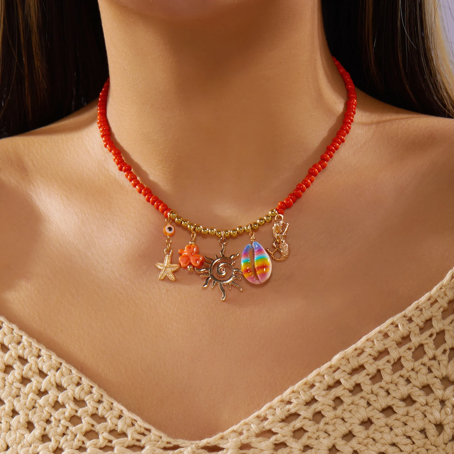 Großhandel Korallenmuschel Seestern Sonnenreiskorn Anhänger Halskette für Frauen Boho Choker Kette Kreativer Schmuck Strandgeschenk – Detail 8