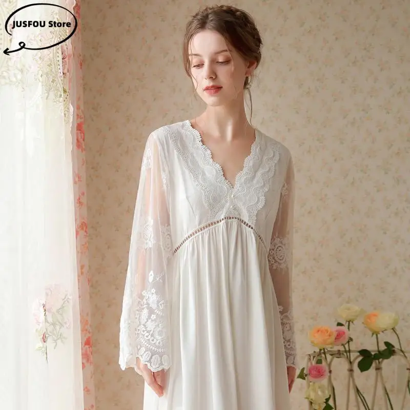 Spring Autumn Lace Sleeve Nightdress Bride\'s Elegant Morning Gown Sleepwear Luxury Elegant Home Dress Cotton Sweet Nightgown