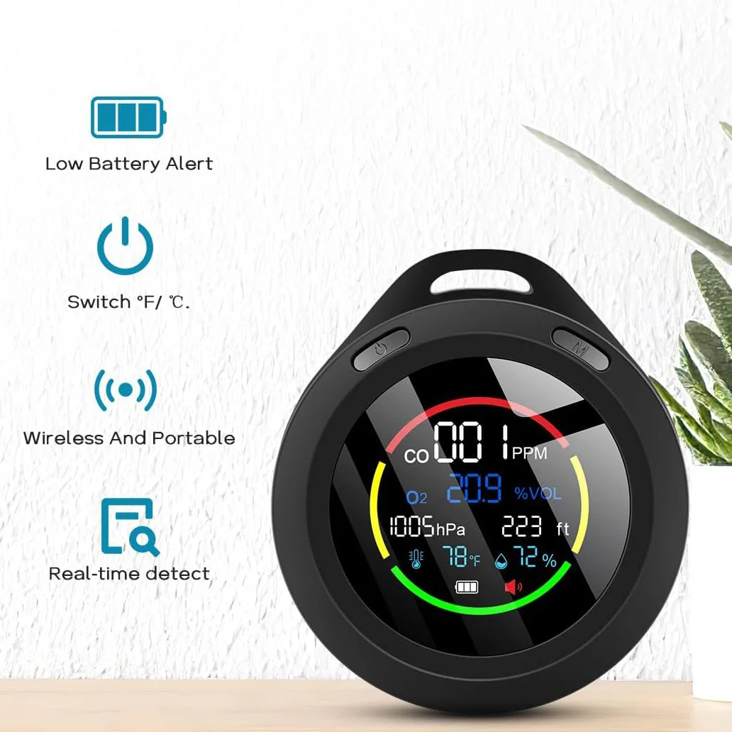 

6-in-1 Portable Oxygen Gas Meter with CO Altitude Air Pressure Temperature Humidity - Environment Sensor for Hiking, Camping