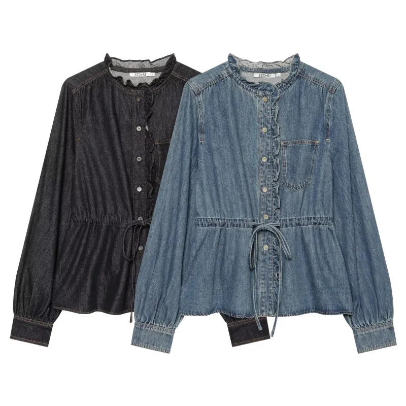 Denim Shirt Women Ruffled Belted Button Up Long Sleeve Loose Fit Casual Spring Autumn Solid Color Daily Cozy Outerwear Top