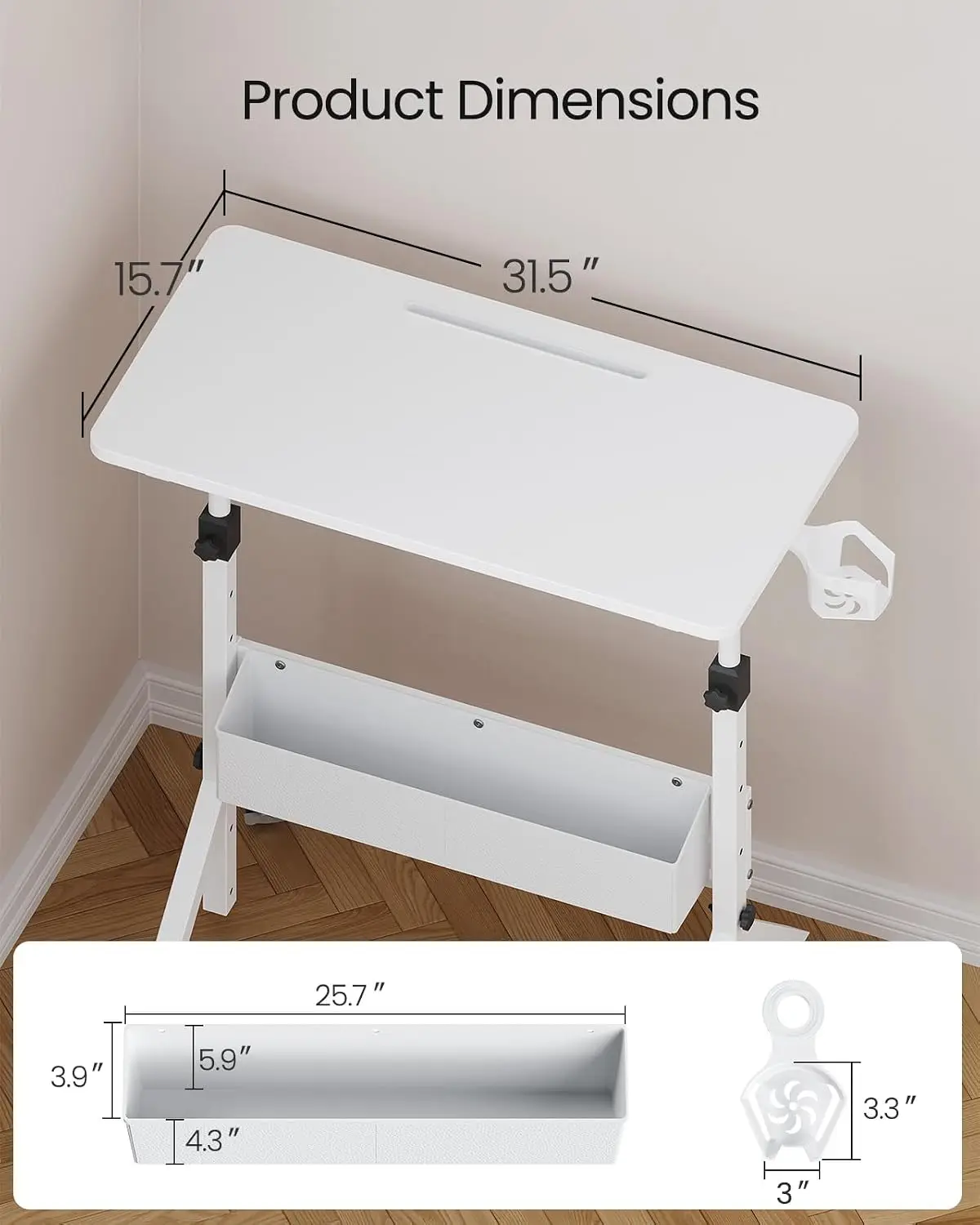 Mobile Standing Desk with Wheels, Adjustable Height 28.3″–46.3″, Rolling Laptop Cart with Cup Holder, Storage Basket & Pen Slot, Fits Treadmills