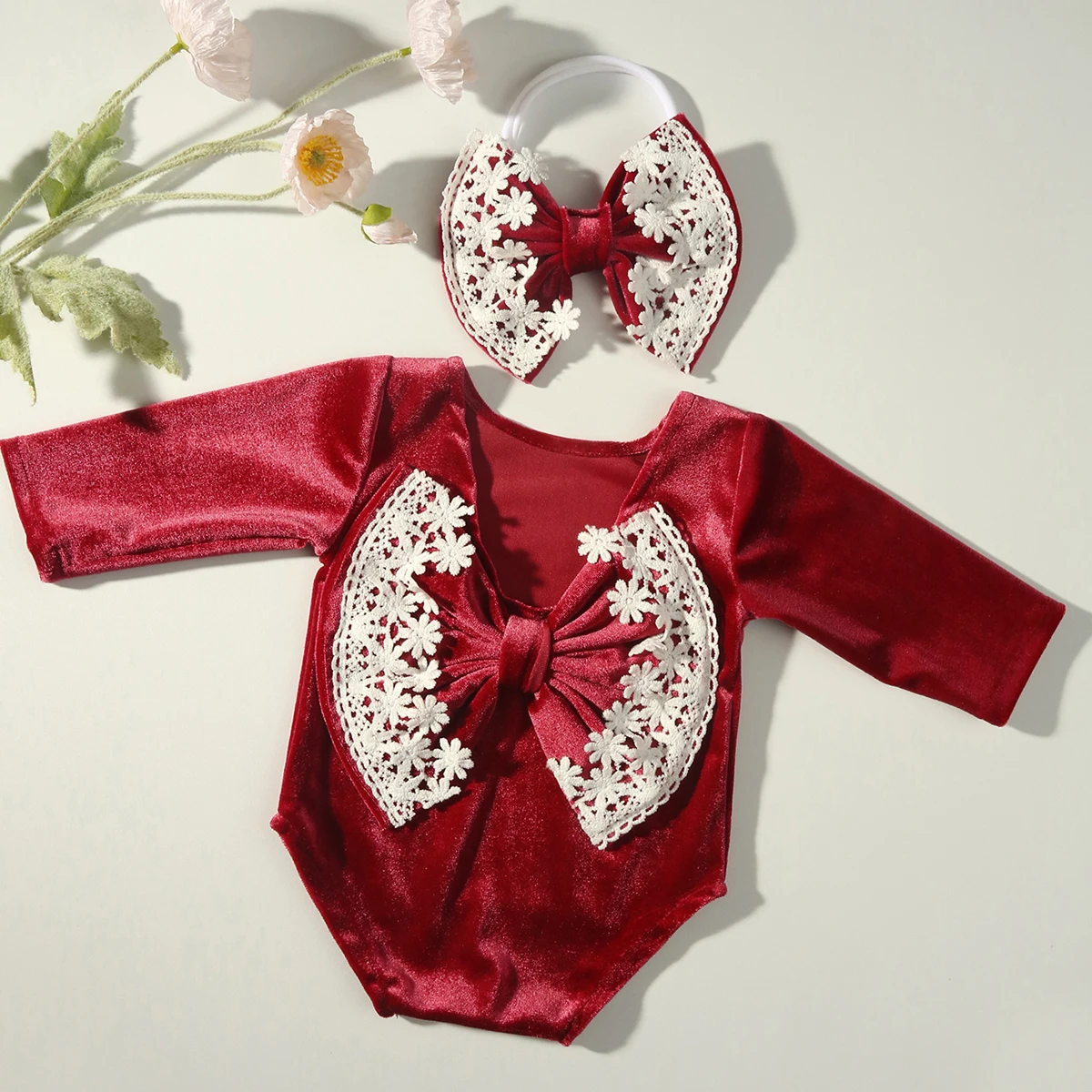 Ylsteed Newborn Girl Photography Outfit Baby Velvet Back Bowknot Lace Romper with Bow Headband Infant Photo Shooting Props