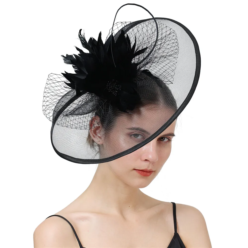 

New Fashion Black Cocktail Party Hat Womens Sinamay Fascinator Wedding Church Feather Floral Hair Fascinator Hat Veils Headband