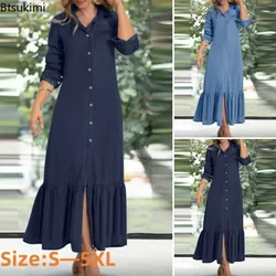 2025 Vestido vaquero informal de manga larga para mujer, moda coreana, vestido vaquero de gran tamaño para mujer, vestido informal holgado y elegante para playa