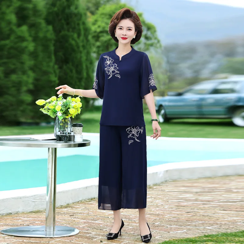 Sets For Women 2 Pieces 3/4 Sleeve Length Spring Autumn Trousers Sets New Middle Aged Mother Outfit Elegant Grandma Suit XL-5XL