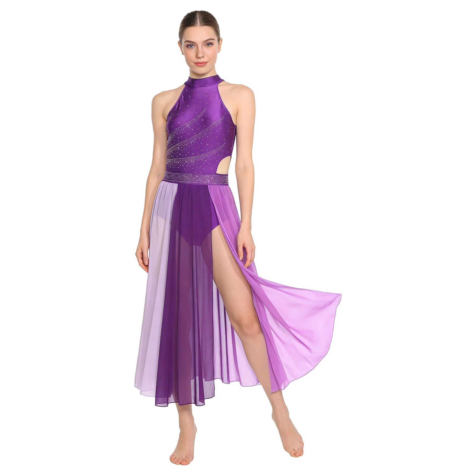 Women Figure Skating Lyrical Modern Contemporary Dance Dress Performance Costume Rhinestones Side Split Mesh Dress Dance Costume