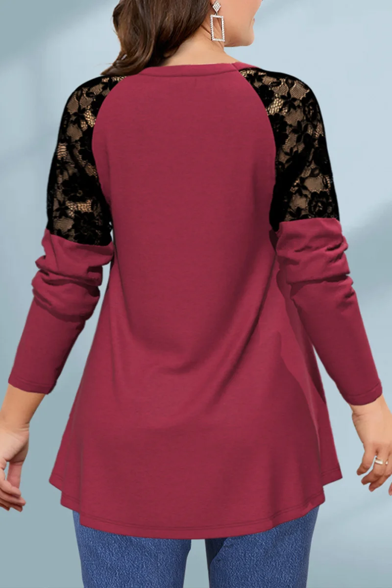 Women Plus Size Long Sleeve T shirt Casual Burgundy Lace Stitching Lace-Up V Neck Autumn Spring Fashion Basic Soft Tee Top 2024