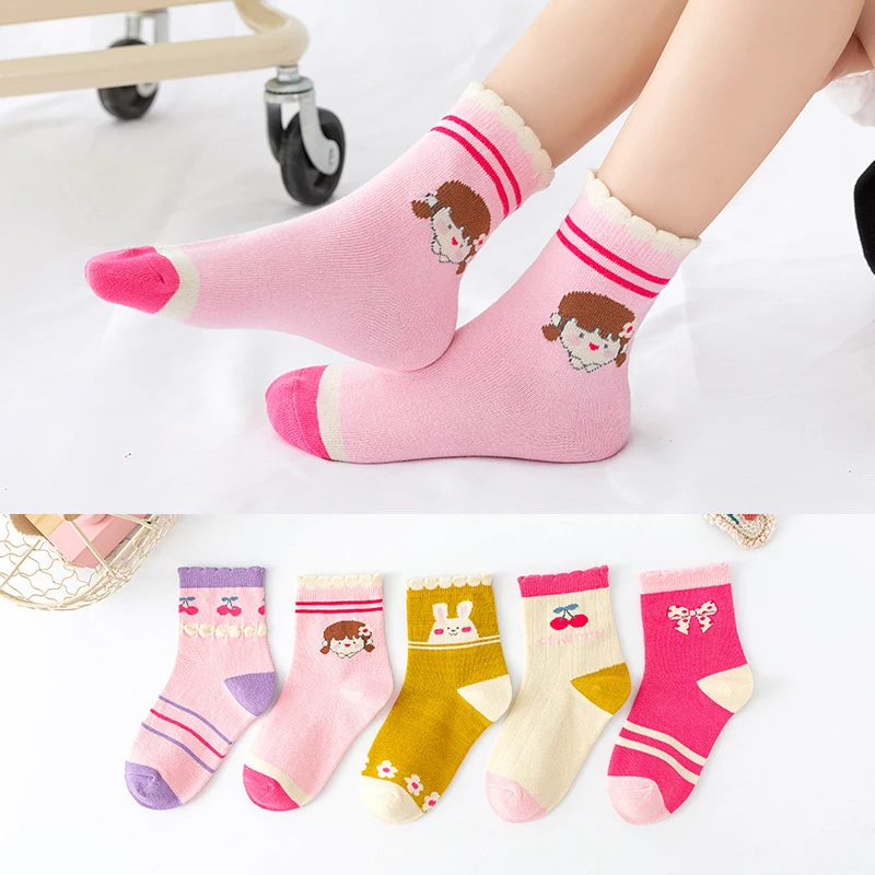 5Pairs/Set Cute Flower Baby Girl Socks Autumn Winter Cotton Kids Middle Tube Sock Pink Floral Print Children Casual Socks